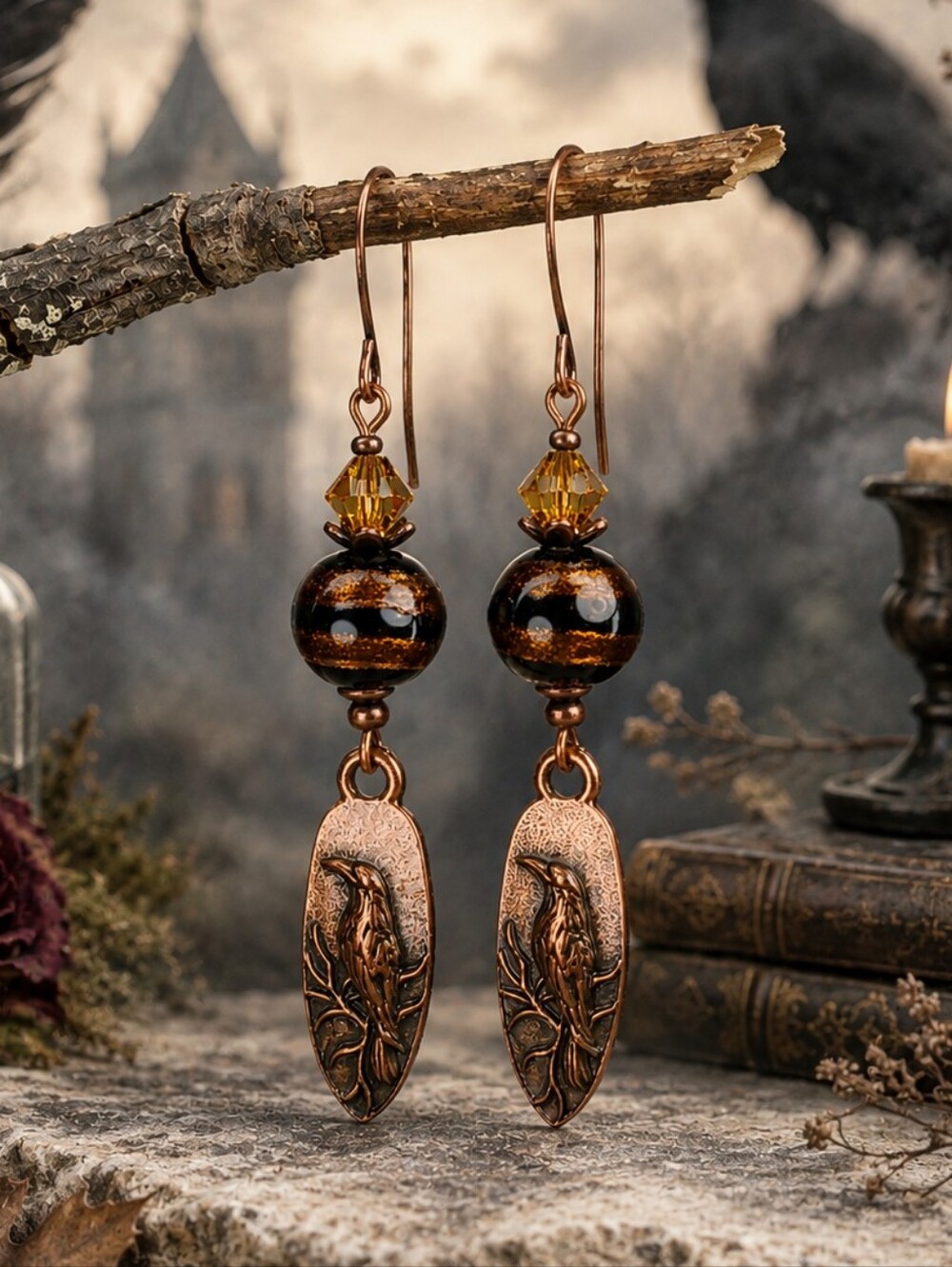 Copper Raven Earrings Gothic Woodland Dark Academia Artisan Handcrafted